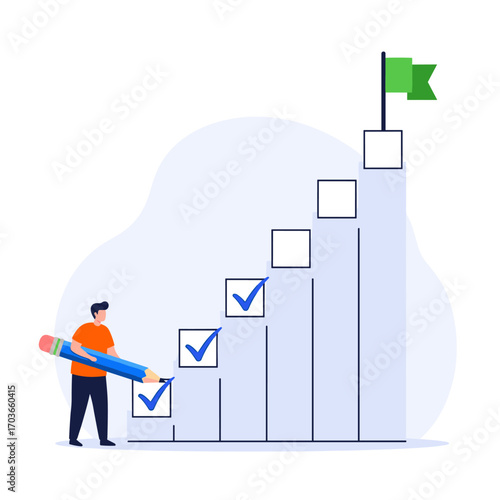 Man checking off tasks on a growing bar chart towards a goal.