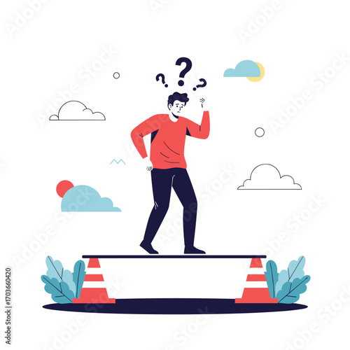 Man balancing on a beam with question marks above his head.