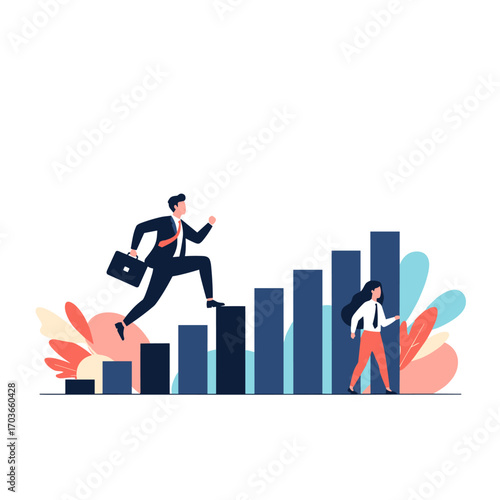 Business people climbing bar graph representing growth and success.