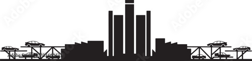 Detroit Automotive Industry Silhouette with Car Assembly Line and Cityscape Illustration