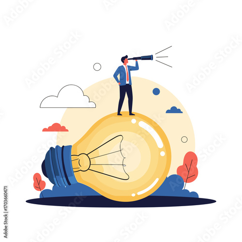 Man with telescope on giant light bulb looking for ideas.
