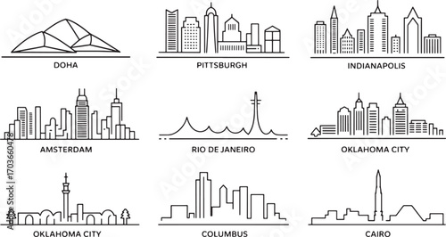 Detailed Skyline Outlines of Global Cities Pittsburgh Indianapolis Doha Amsterdam Rio de Janeiro