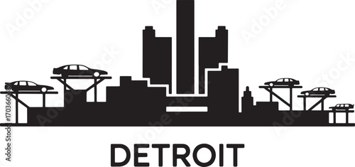 Detroit City Skyline Silhouette with Automotive Assembly Line Conveyor Belt Illustration