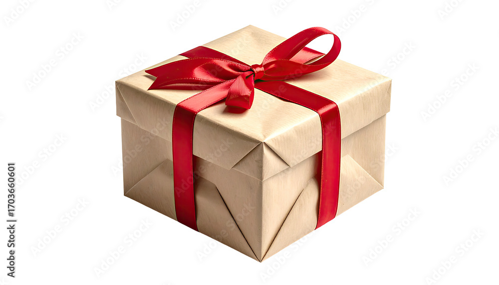 Fototapeta premium A square gift box, light beige, wrapped with red ribbon and a bow