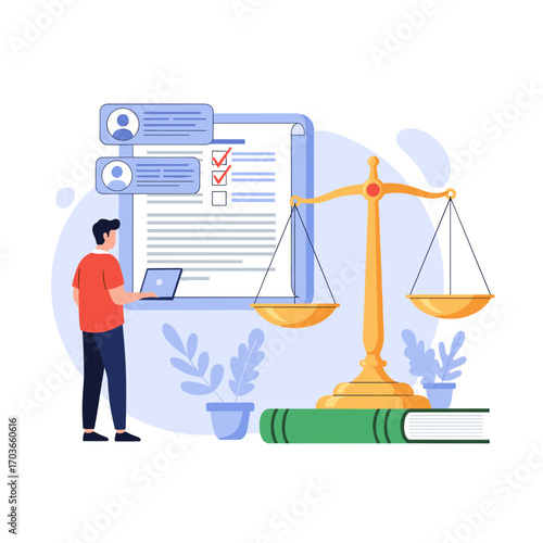 Lawyer using laptop with legal document and scales of justice.