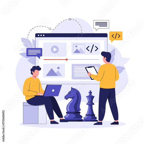 Two people working on a web development project with chess pieces symbolizing strategy.