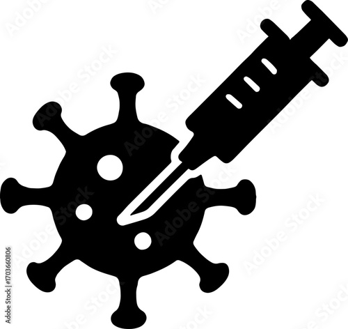 Syringe Piercing Giant Virus Cell - Immunization Silhouette vector with white background 