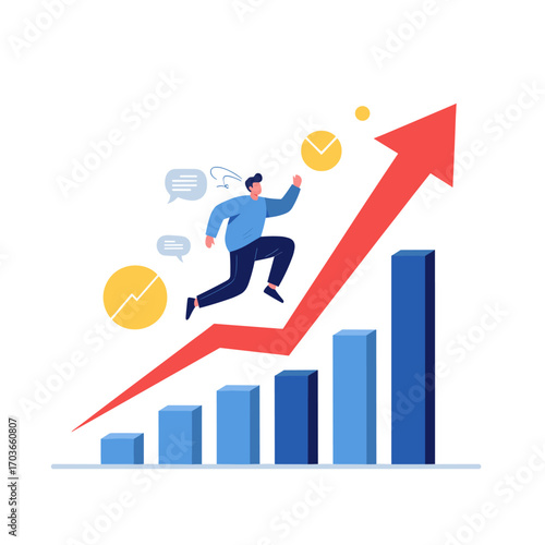 Man running up a business growth chart with arrow and clocks.