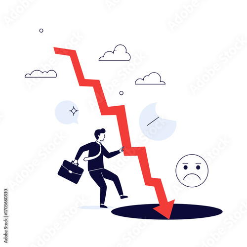 Businessperson Falling Downward Graph into Hole Sad Face.