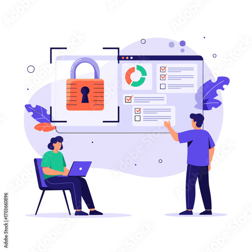 Cybersecurity and Data Protection Concept with People Analyzing Information.