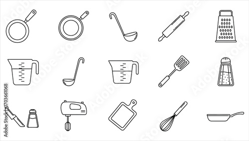 Collection of black and white line art kitchen utensils and cookware cooking baking