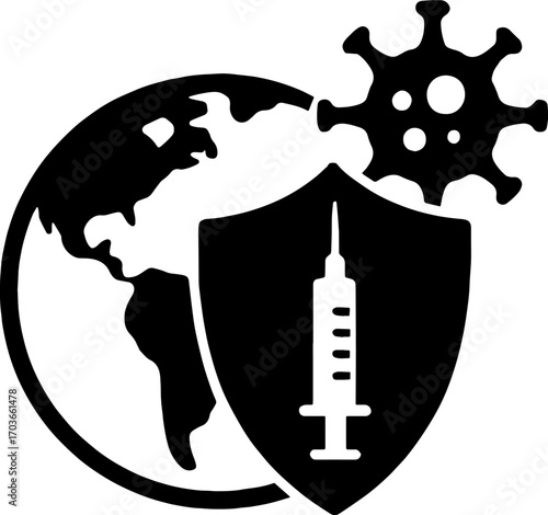 Vaccine Shield Protecting Globe from Virus - World Safety Silhouette vector with white background 