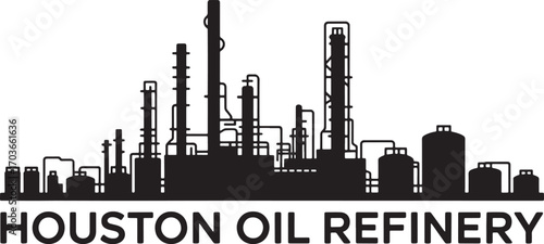 Houston Oil Refinery Silhouette Vector Illustration with Complex Piping and Storage Tanks Design