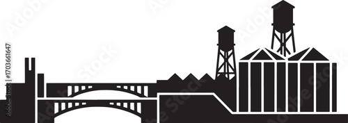 Industrial Cityscape Silhouette Vector Illustration with Bridges, Silos, and Water Towers
