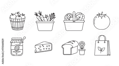 Collection of hand drawn food items and produce in a simple silhouette style