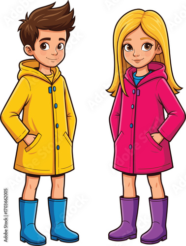 Cute boy and girl wearing colorful raincoats and boots, standing confidently, smiling children, yellow and pink raincoats, playful kids outdoors