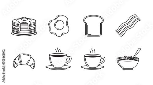 Collection of hand drawn breakfast food icons in silhouette style