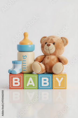 Baby blocks, teddy bear, and bottle. A simple baby set.
