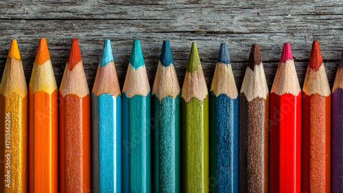 Colored Pencils Arranged on Wooden Background