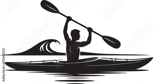 Kayaker Paddling Through Waves Silhouette for Outdoor Adventure and Water Sport Activity