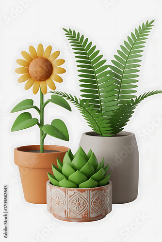 Three potted plants: sunflower, fern, and succulent.
