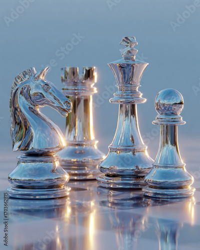 Silver Metallic Chess Pieces on Reflective Surface