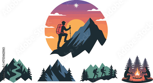 Mountain Hiking Adventure Vector Illustration with Hiker, Sunset, and Camping Elements