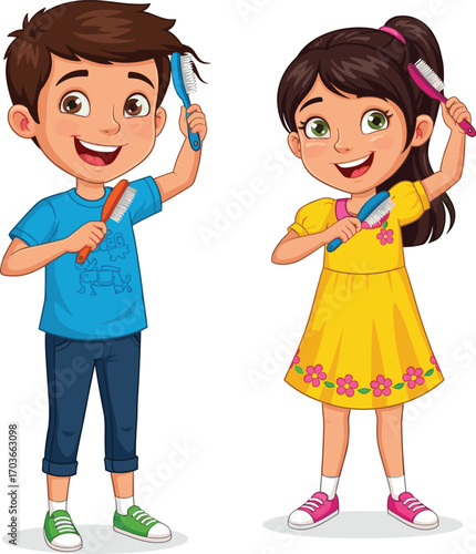 Happy boy and girl brushing hair together, kids with hairbrushes, cheerful children, playful moment, yellow dress, blue shirt, smiling faces