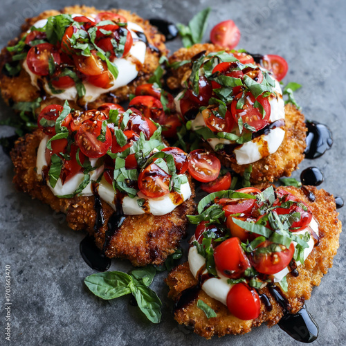 Crispy Chicken Cutlets Topped with Tomato, Fresh Basil, and Mozzarella