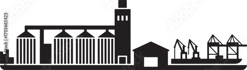 Port and Harbor Silhouette Vector Illustration Featuring Cranes, Silos, and Industrial Structures on Transparent Background