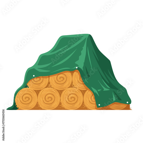 Hay bales covered by a green tarp, stacked high.