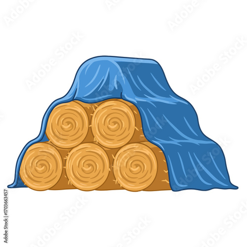 A cartoon illustration of a stack of round hay bales covered with a blue protective tarp.