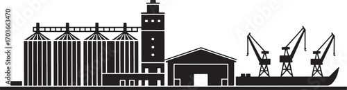 Port and Harbor Silhouette Vector Illustration Featuring Cranes, Silos, and Industrial Structures on Transparent Background