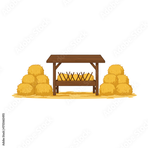 A wooden hay feeder stands between two stacks of round hay bales on a farm.
