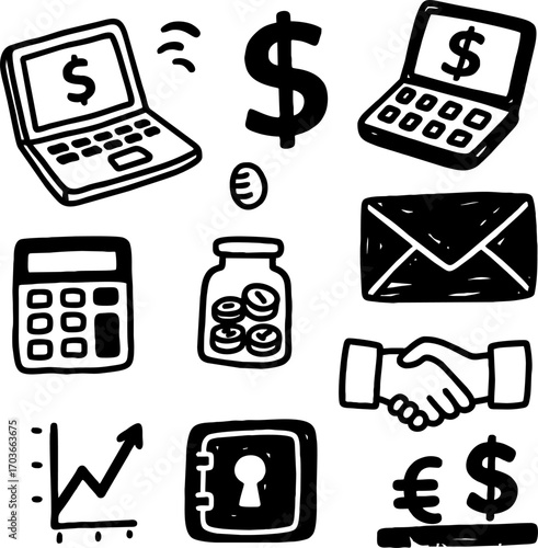 sketch of financial symbols a...