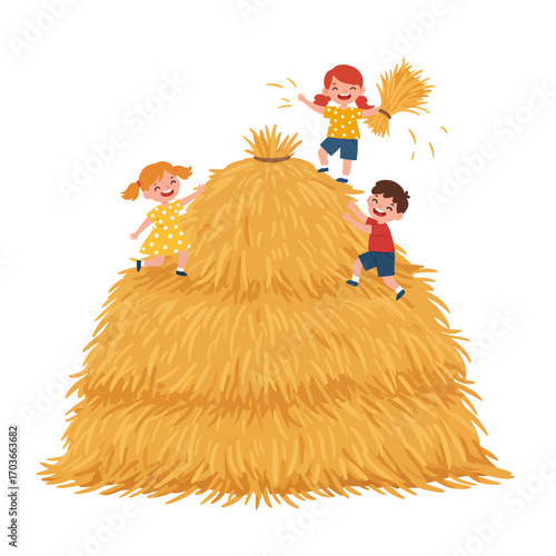 Children playing on a large haystack, with one child playfully brushing straw.