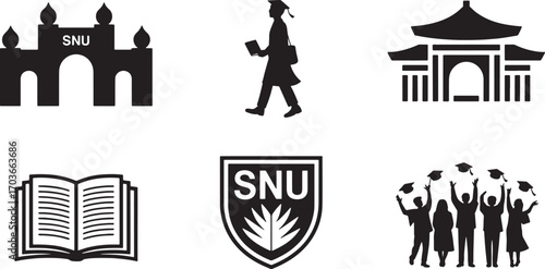Seoul National University Black Silhouette Icons Set on Transparent Background Education and Knowledge