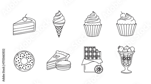 Collection of hand drawn dessert icons in a distinctive silhouette style