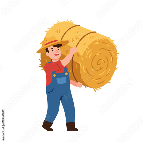 A farmer wearing overalls and a straw hat carries a large bale of hay over his shoulder.