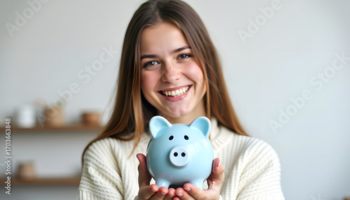 Smiling woman holding a blue piggy bank, symbolizing savings and financial planning.