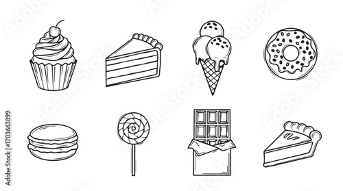 Collection of delicious sweet dessert treats in a charming hand drawn silhouette style