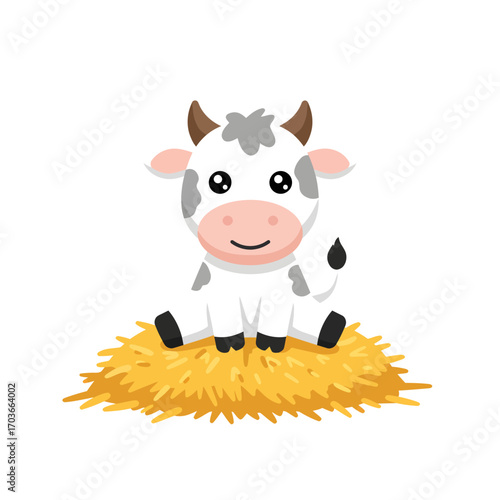 A cute cartoon baby cow sitting on a pile of hay, with a white background.