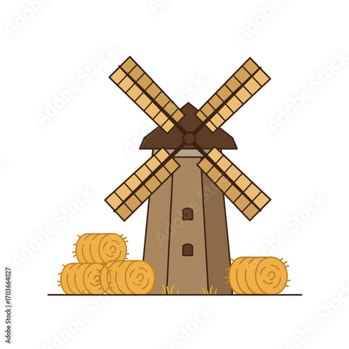 Illustration of a traditional brown windmill with four sails, standing next to several golden hay bales on a simple ground line.