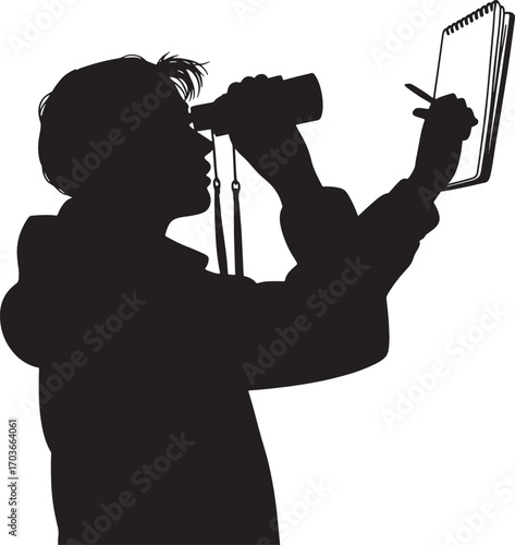 Silhouette of a Birdwatcher with Binoculars and Notebook Vector Illustration on Transparent