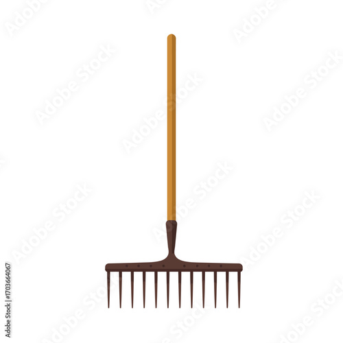 A detailed illustration of a garden rake with a wooden handle and metal tines.