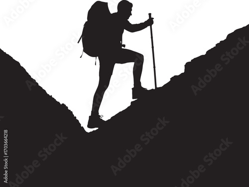 Silhouette of a Hiker Climbing a Mountain with Trekking Pole and Backpack Adventure