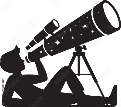 Silhouette of a Person Observing Stars Through a Telescope Under the Night Sky Illustration