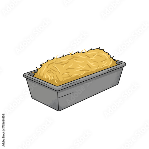 A grey rectangular pan filled with golden yellow hay or straw, depicted as a simple cartoon illustration.