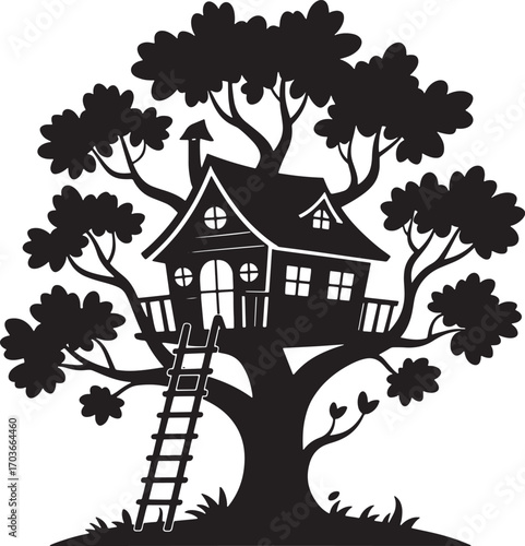 Silhouette of a Treehouse with Ladder and Foliage on a Transparent Backdrop for Creative Projects