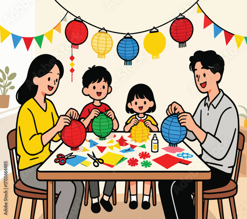 family crafiting diy decoration for festival